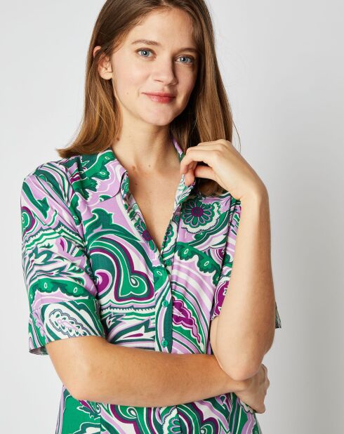 Robe chemise Elena coupe longue et cintrée à motifs vert/violet