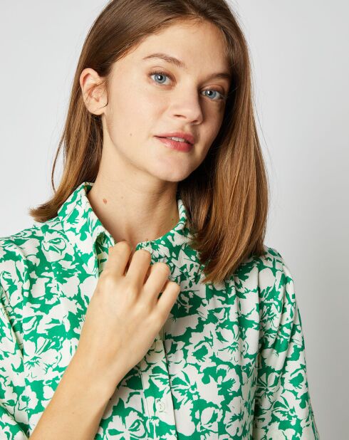 Robe chemise Elena coupe longue et cintrée à motifs vert/écru