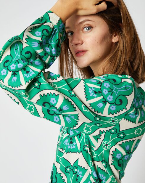 Robe chemise courte Thelma à motifs vert/écru