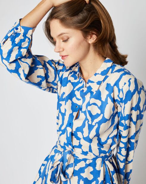 Robe chemise courte Thelma à motifs bleu/écru