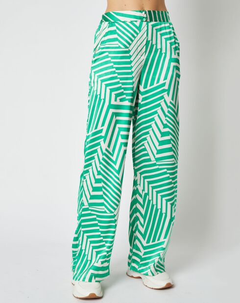 Pantalon fluide Rayane effet satiné à motifs vert