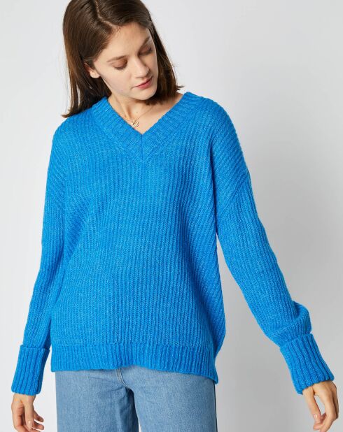 Pull en Maille mélangée Leena Col V bleu roi