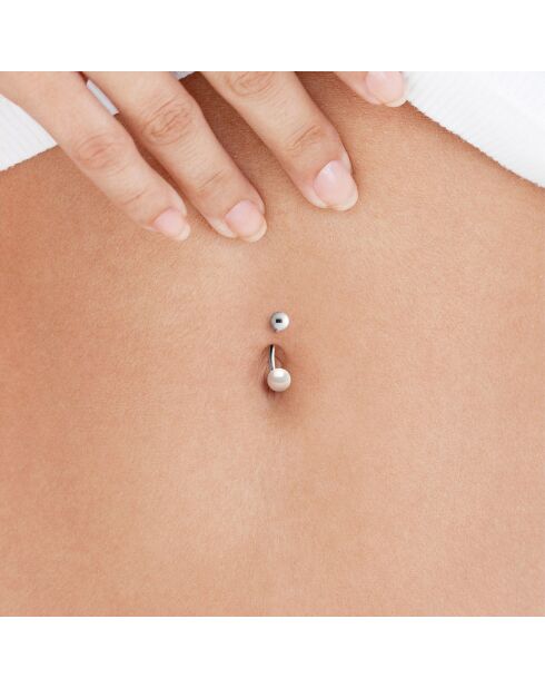Piercing de Nombril en Argent rhodié & Perles de Culture d'Eau Douce Boutons blanc naturel
