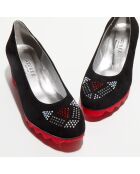 Ballerines en Velours de Cuir noir/rouge/strass - Talon 4.5 cm