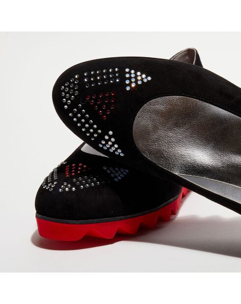 Ballerines en Velours de Cuir noir/rouge/strass - Talon 4.5 cm