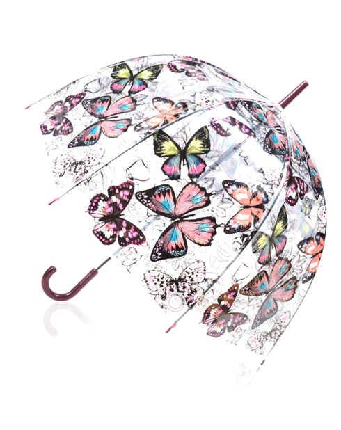 Paraguas con forma de campana recta, diseño de mariposa con mango marrón transparente