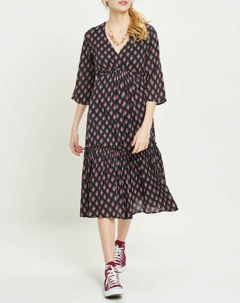 Inaya zwart/roze lange jurk