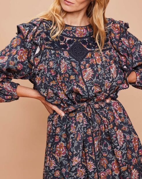 Robe en Coton & Laine Diwali à fleurs noir/multicolore