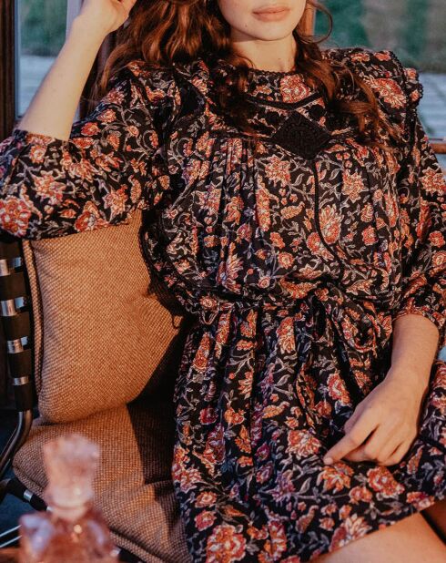Robe en Coton & Laine Diwali à fleurs noir/multicolore