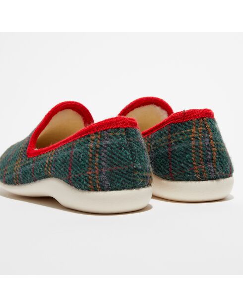 Chaussons charentais fourrés en Laine tartan vert/bord rouge