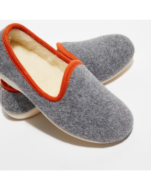 Chaussons charentais fourrés en Laine gris/bord orange