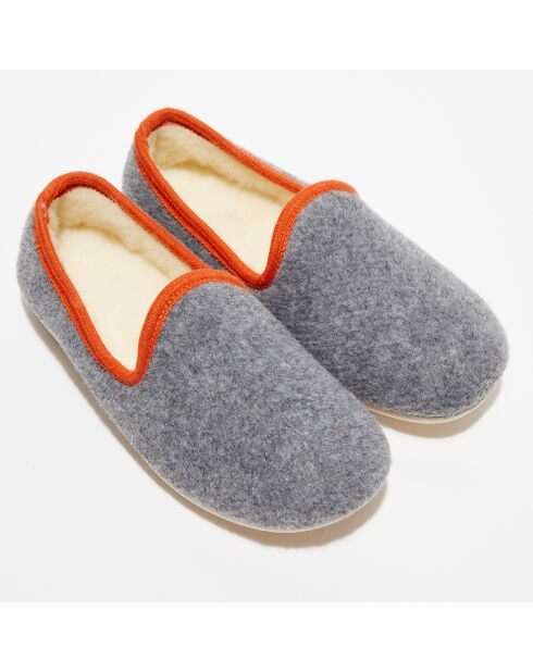 Chaussons charentais fourrés en Laine gris/bord orange