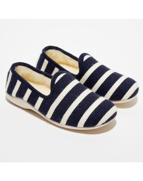 Chaussons charentais fourrés en Laine rayés marine