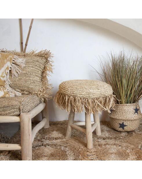 Tabouret en teck revêtement sisal shaggy tilos marron - D.40xH.45 cm