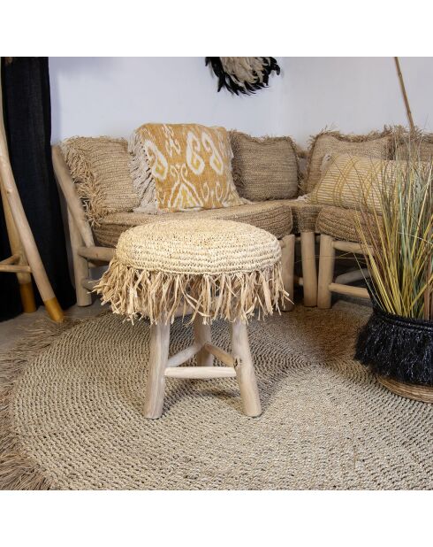 Tabouret en teck revêtement sisal shaggy tilos marron - D.40xH.45 cm