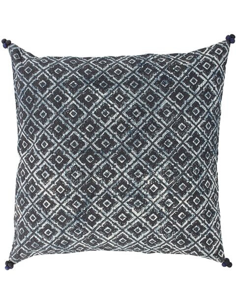 Coussin imprimé pompons  bleu/noir - 45x45 cm