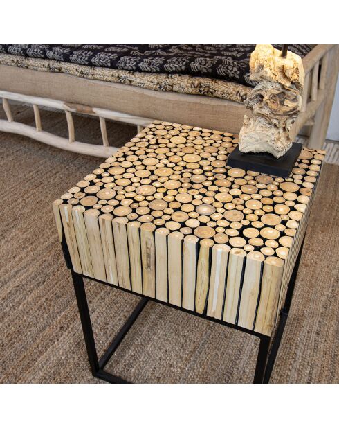 Table d'appoint en branche de teck tahaa noir/beige - 40x40x50 cm