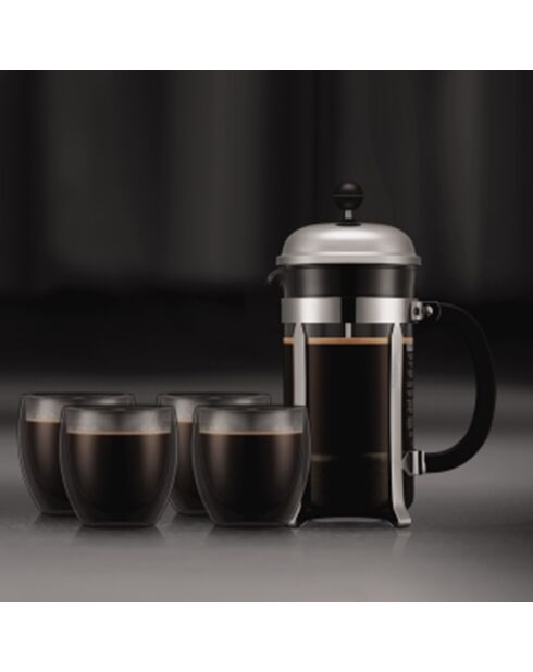 Chambord French Press Kaffeemaschine, 8 Tassen + 4 Gläser Pavina doppelwandig chromgrau - 1,0/0,25 l