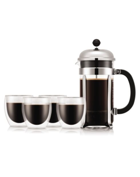 Chambord French Press Kaffeemaschine, 8 Tassen + 4 Gläser Pavina doppelwandig chromgrau - 1,0/0,25 l
