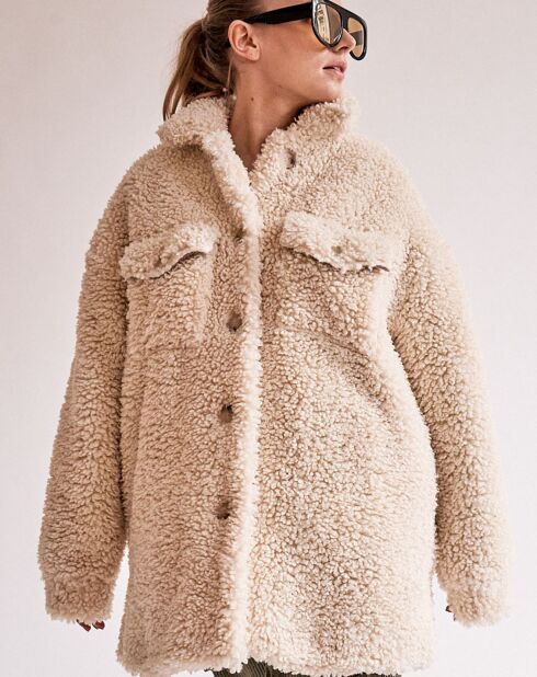 Ecru oversized jas van imitatiebont in copernic