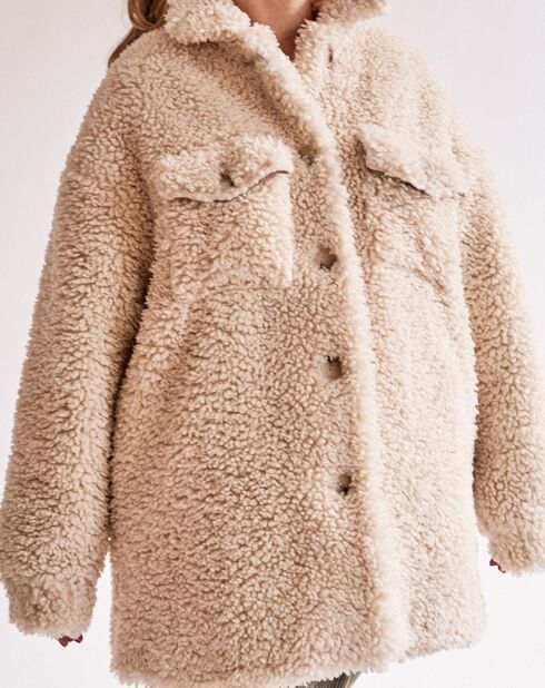 Ecru oversized jas van imitatiebont in copernic