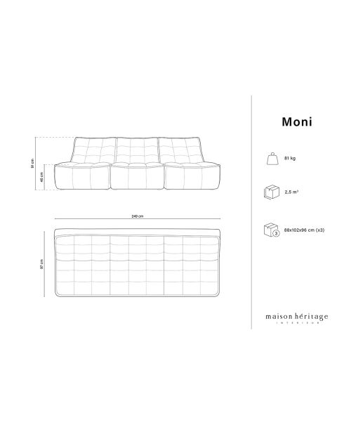 Canapé modulable en cuir véritable Moni 3 Places beige foncé - 249x97x91 cm