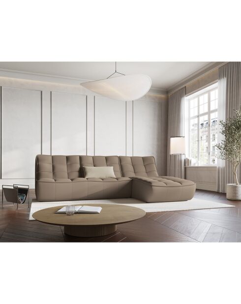Canapé d'angle droit modulable en cuir véritable Moni 4 Places beige foncé - 246x172x91 cm