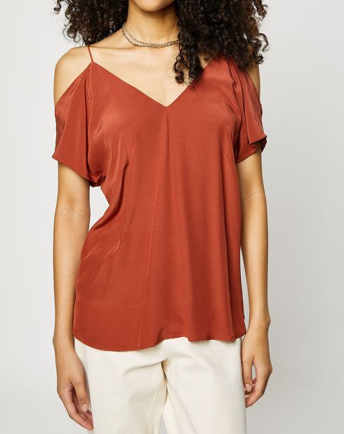 Ziegelorangenes Kurzarmshirt mit V-Ausschnitt