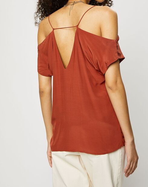 Ziegelorangenes Kurzarmshirt mit V-Ausschnitt