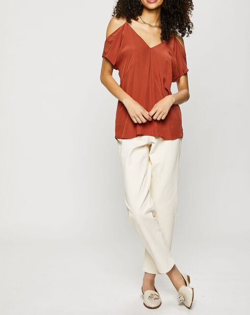 Ziegelorangenes Kurzarmshirt mit V-Ausschnitt