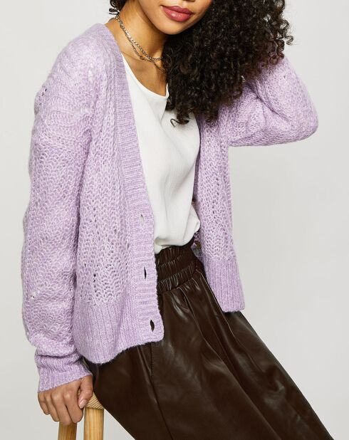 Cardigan en Laine & Alpaga mélangés maille ajourée lilas