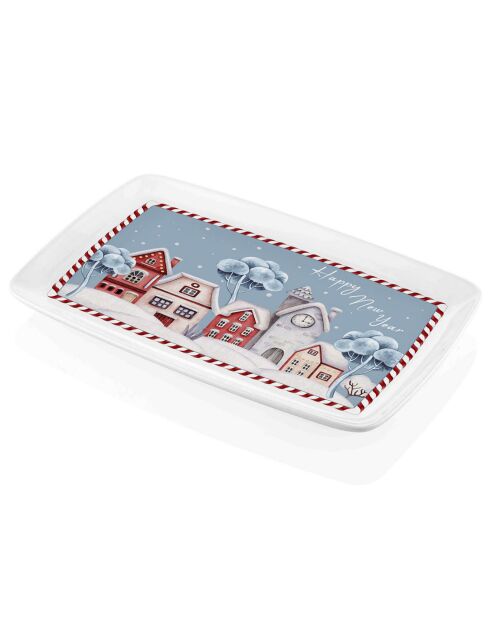 Assiette de service rectangulaire en Céramique bleu/blanc/rouge - 34x25 cm