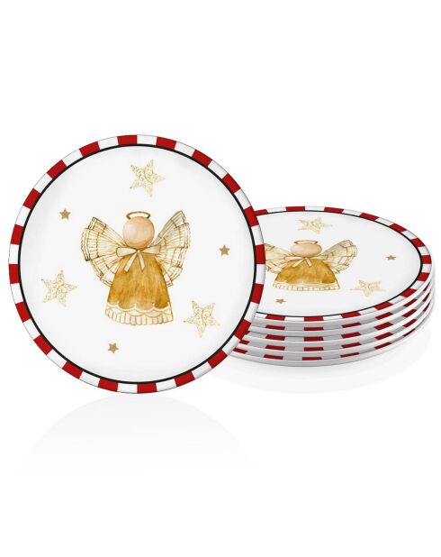 6 Assiettes dessert en Céramique  blanc/rouge/jaune - D.19 cm