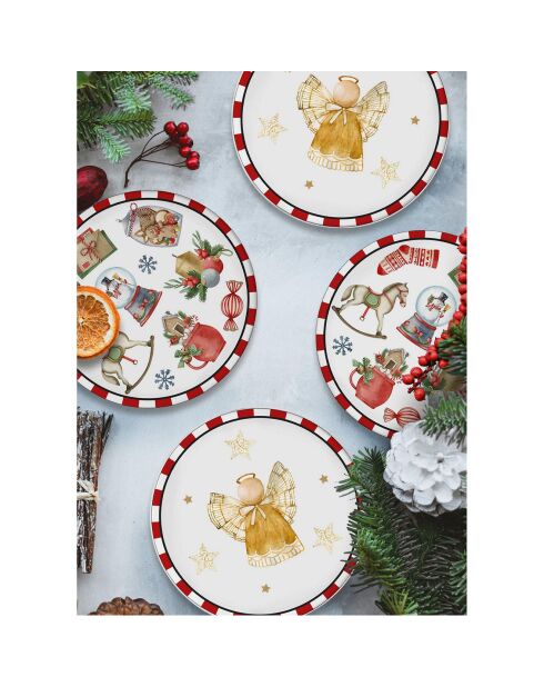 6 Assiettes dessert en Céramique  blanc/rouge/jaune - D.19 cm