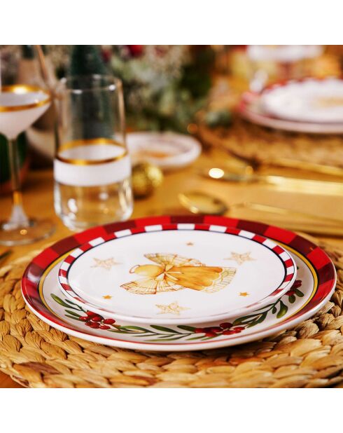6 Assiettes dessert en Céramique  blanc/rouge/jaune - D.19 cm