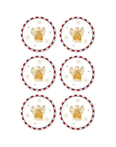6 Assiettes dessert en Céramique  blanc/rouge/jaune - D.19 cm