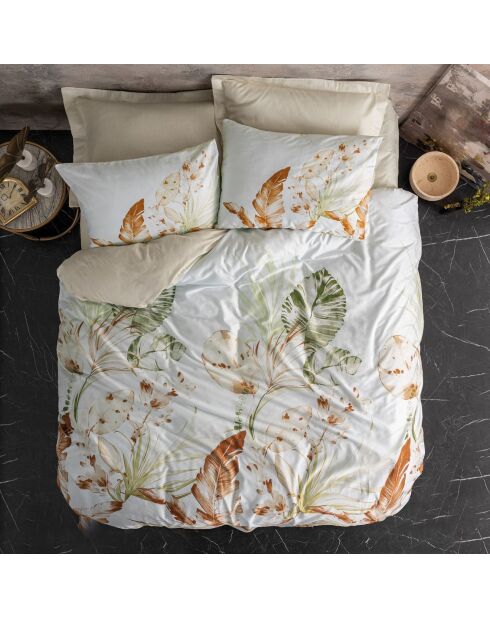 Parure housse de couette en Satin de Coton Luster beige/blanc/vert