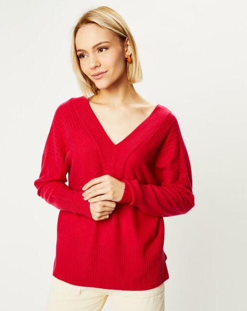 Pull 100% Cachemire Frani col V rose foncé