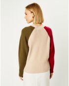 Pull en Laine & Cachemire Florine tricolore col rond écru/vert/bordeaux