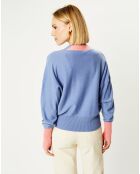 Cardigan 100% Cachemire Fabiola col V bicolore bleu/rose