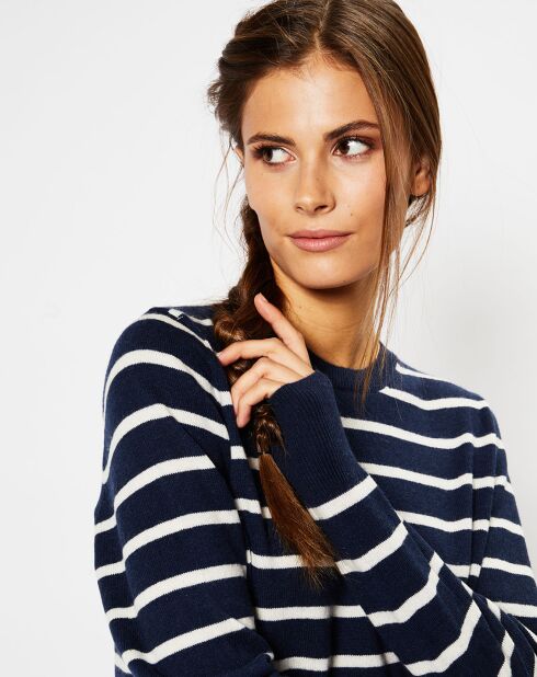 Pull en Laine & Cachemire Sabri col rond rayé marine/écru