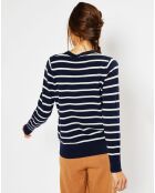 Pull en Laine & Cachemire Sabri col rond rayé marine/écru