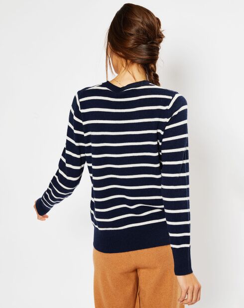 Pull en Laine & Cachemire Sabri col rond rayé marine/écru