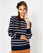 Pull en Laine & Cachemire Sabri col rond rayé marine/écru