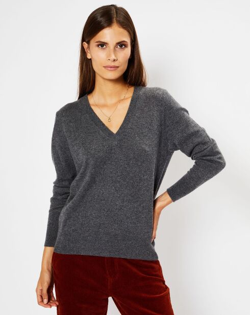 Pull 100% Cachemire Chou col V gris foncé