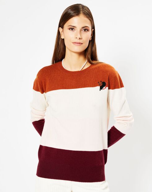 Pull en Laine & Cachemire Norma col rond blanc/rouille/bordeaux