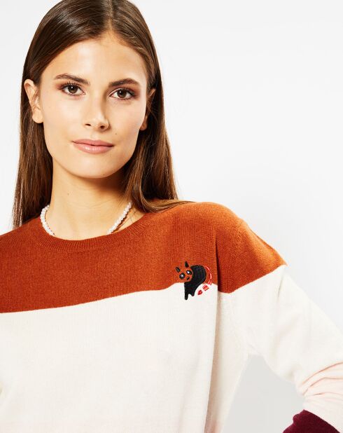 Pull en Laine & Cachemire Norma col rond blanc/rouille/bordeaux