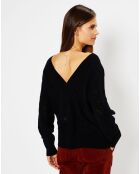 Pull en Laine & Cachemire Frani col V en maille ajourée noir