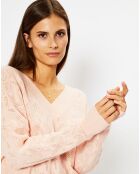 Pull en Laine & Cachemire Frani col V en maille ajourée rose clair