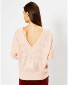 Pull en Laine & Cachemire Frani col V en maille ajourée rose clair